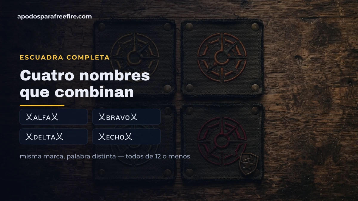 Cuatro parches de equipo con cuatro nombres de escuadra que comparten la misma marca