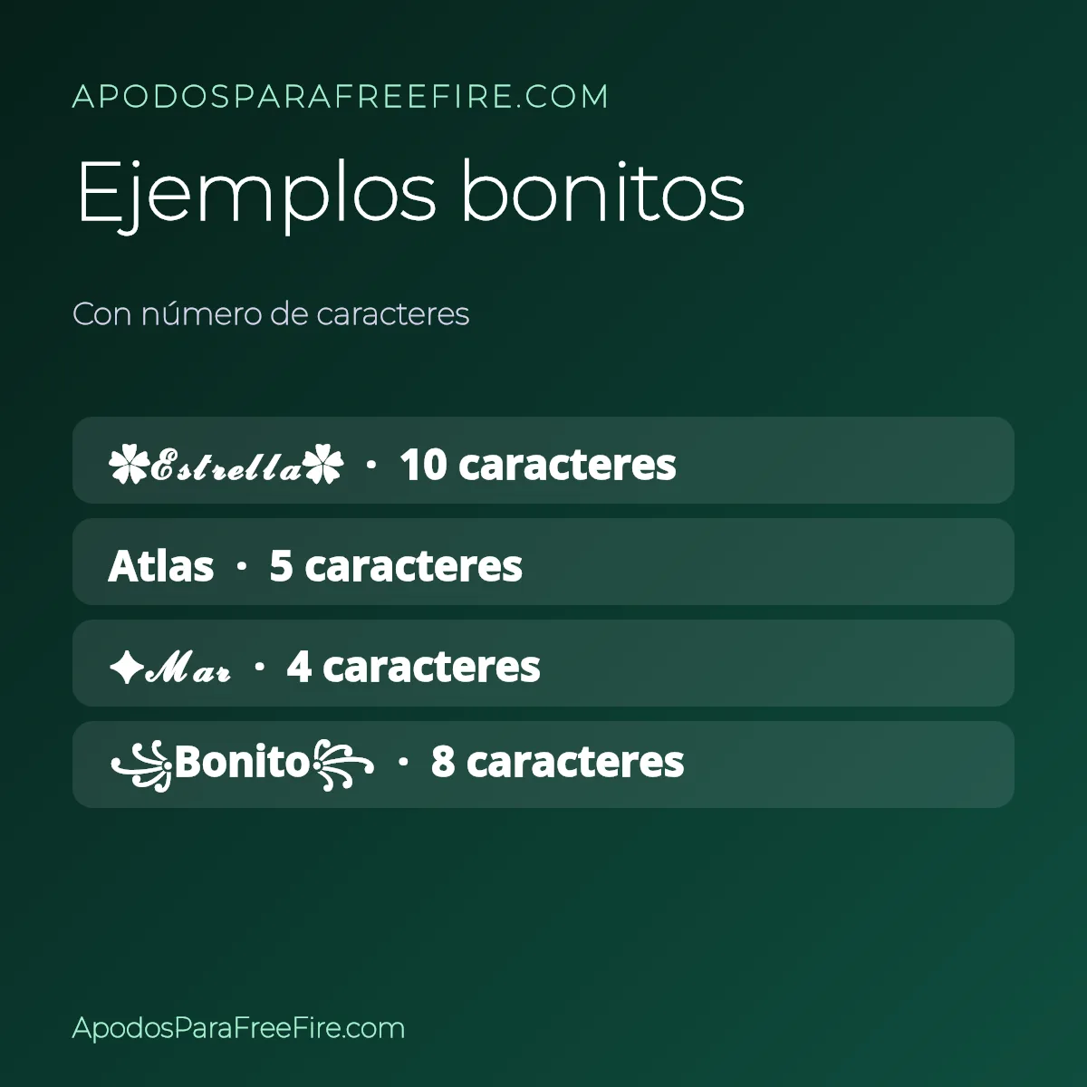 Ejemplos de apodos bonitos para Free Fire con símbolos y número de caracteres