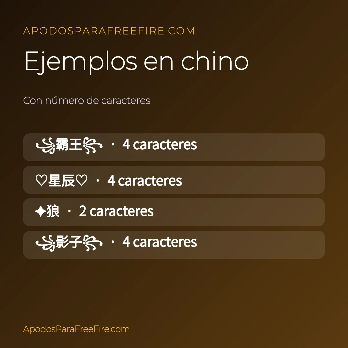 Ejemplos de apodos en chino para Free Fire con pinyin y número de caracteres