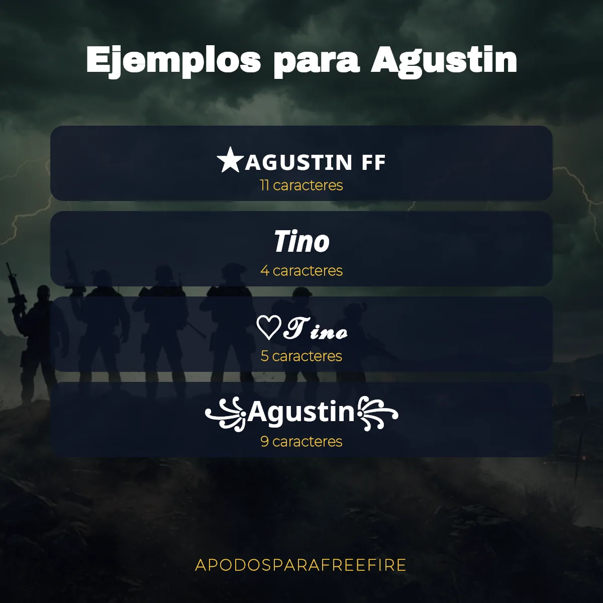 Ejemplos de apodos para Agustin para Free Fire con número de caracteres
