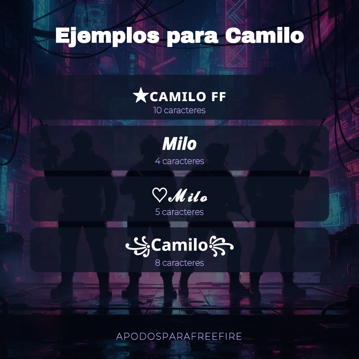Ejemplos de apodos para Camilo para Free Fire con número de caracteres