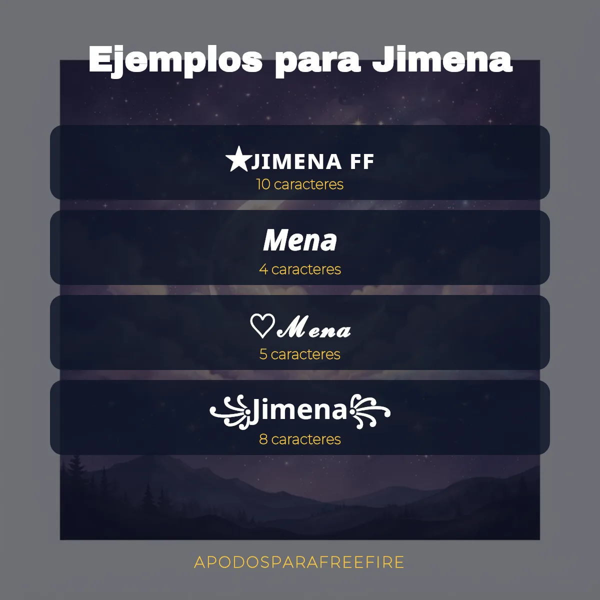 Ejemplos de apodos para Jimena para Free Fire con número de caracteres