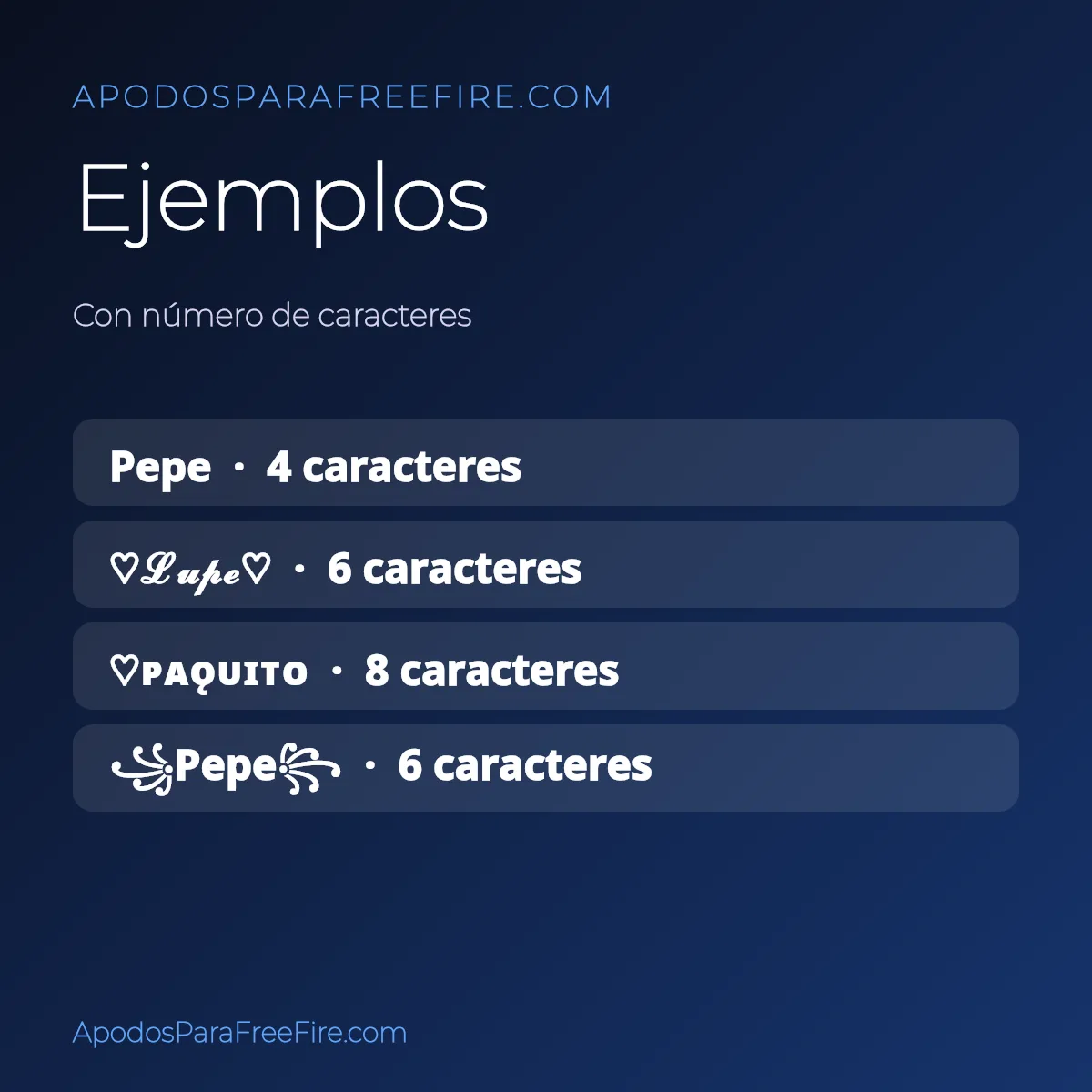 Ejemplos de hipocorísticos como apodos para Free Fire con símbolos y número de caracteres